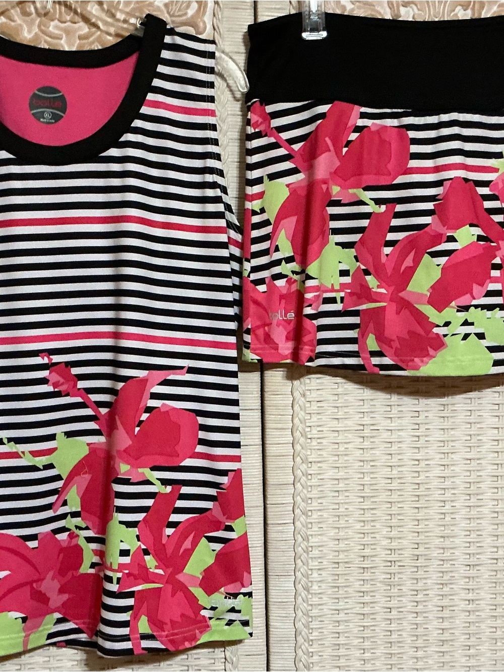 bolle navy & White Striped Skirt Set with Pink Floral Accents